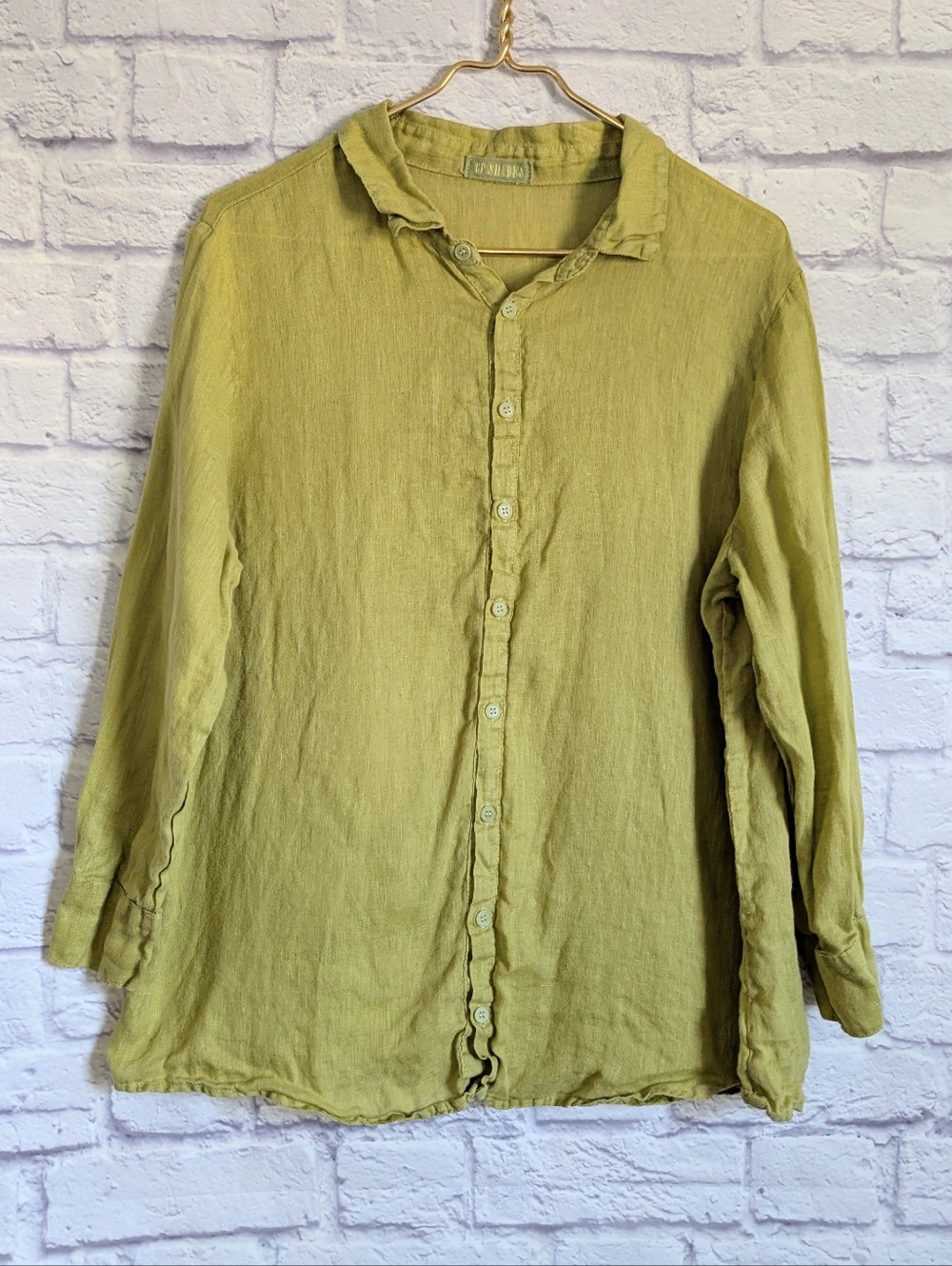 CP Shades Romy Linen Shirt L Chartreuse Green Button Down Woven Relaxed Fit